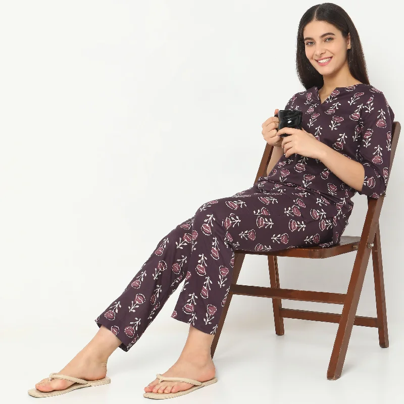 Regular Fit Printed T-shirt with Pyjama Sleepwear Set Solid Print Embellished
