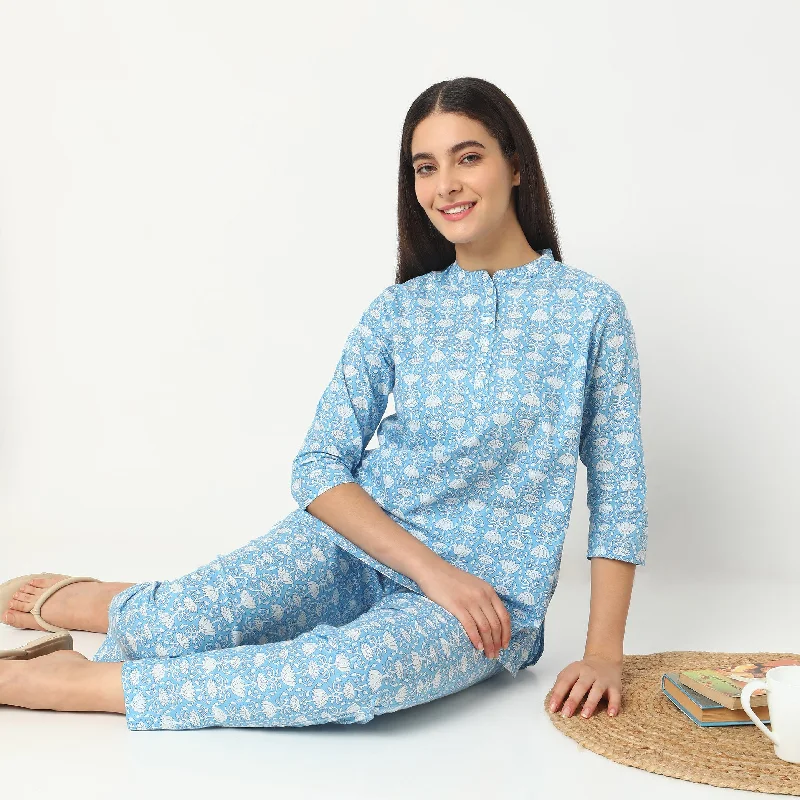 Regular Fit Printed T-shirt with Pyjama Sleepwear Set Knit Fabric Woven Fabric Fleece Fabric