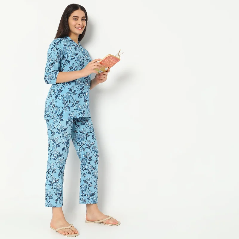 Regular Fit Printed T-shirt with Pyjama Sleepwear Set Beaded Sequined Faux Fur