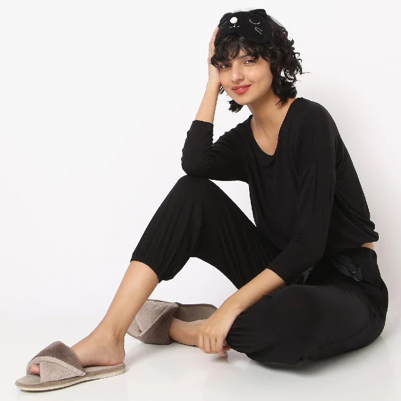 Regular Fit Solid T-shirt with Joggers Sleepwear Set Casual Formal Business