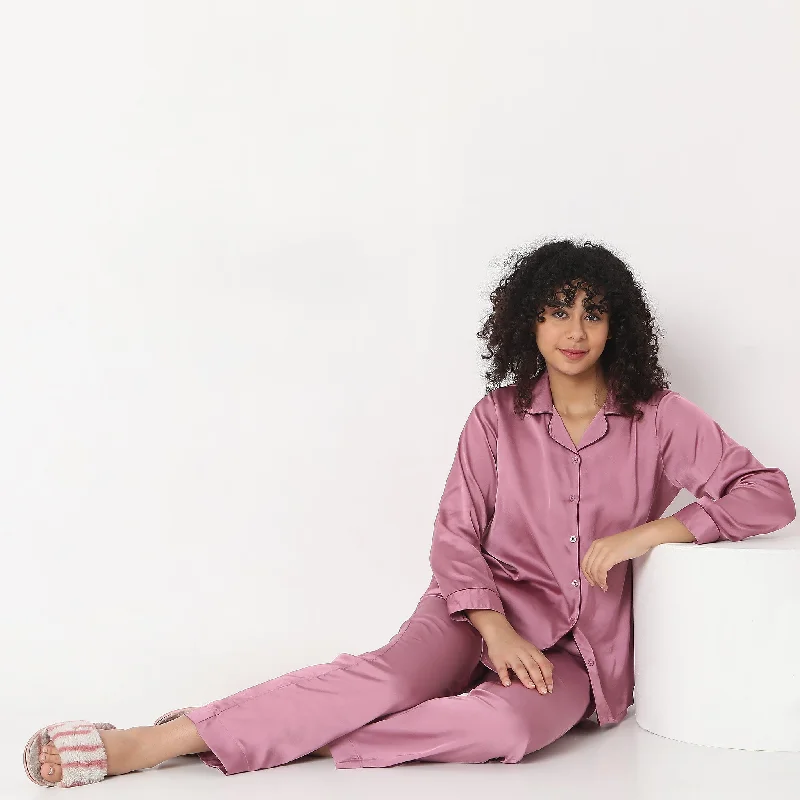 Regular Fit Solid T-Shirt With Pyjama Sleepwear Set Print Jacquard Patchwork