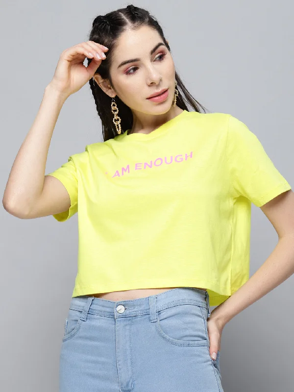 Women Yellow I-Am-Enough Crop Boxy T-Shirt Solid Color Striped Floral