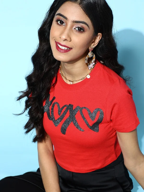 Women Red Xoxo Crop T-Shirt Welt Pockets Slit Pockets