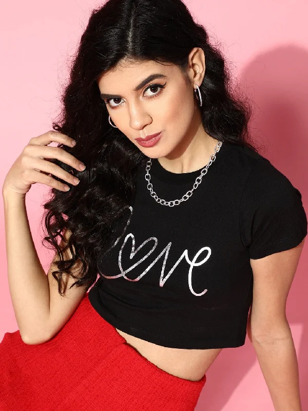 Women Black Love Foil Boxy Crop T-Shirt Graphic T-Shirt Round Neck Polyester