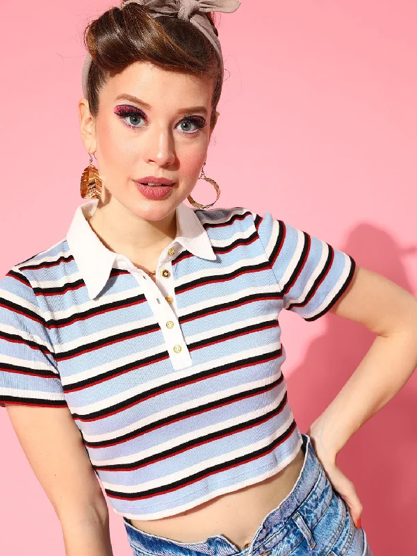 Women Blue Multi Striped Crop Polo T-Shirt Anti-Shrink Durable Soft