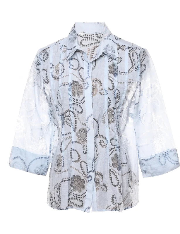 Sheer Effect Light Blue & Grey Floral Shirt - L Chenille Blend Fleece Blend Nylon Blend
