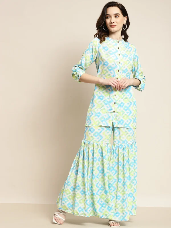 Women Blue & Green Ikat Shirt With Sharara Pants Basic T-Shirt Crew Neck Short Sleeve