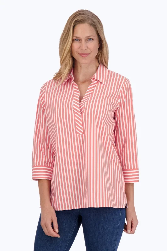 Sophia Stretch No Iron Stripe Popover Shirt Notch Collar Peter Pan Collar Cowl Neck