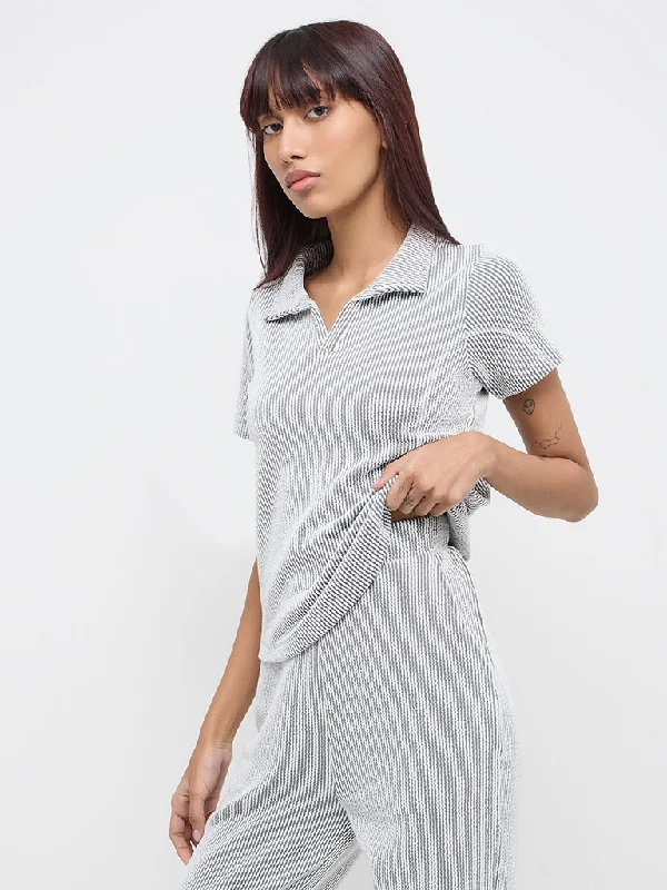 Studiofit Black & White Striped Cotton T-Shirt Satin Blend Silk Blend Wool Blend