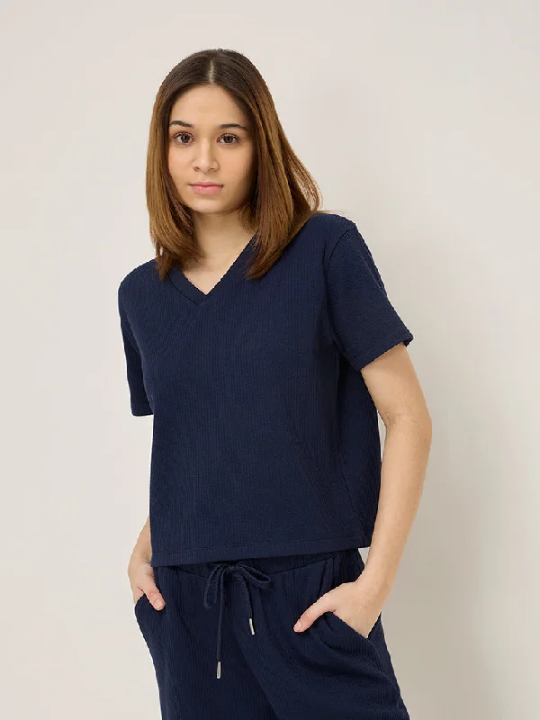 Studiofit Navy Seersucker T-Shirt Denim Fabric Leather Fabric Suede Fabric