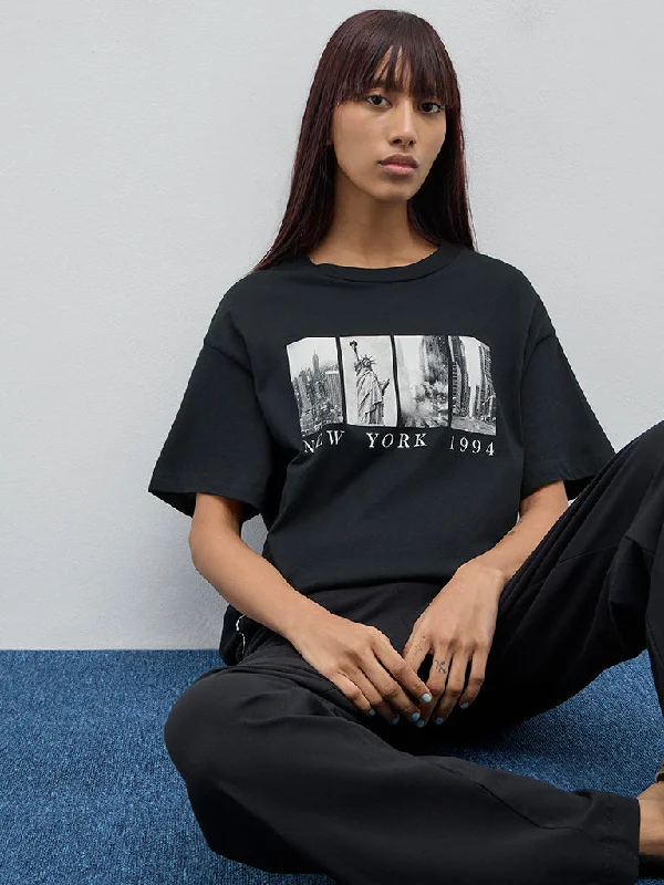 Superstar Black Cityscape Design Cotton T-Shirt Print Jacquard Patchwork