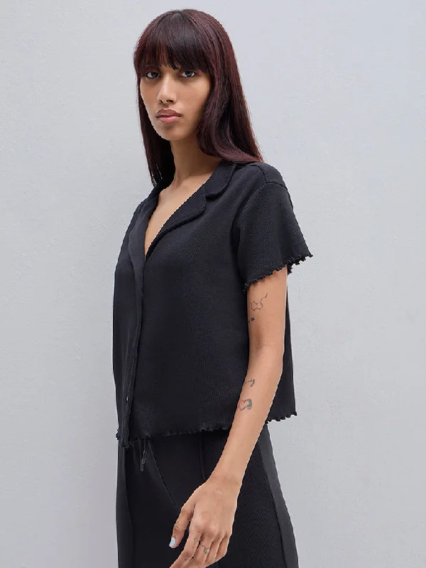 Superstar Black Ribbed Textured Cotton Shirt Spandex Blend Rayon Blend Denim Blend