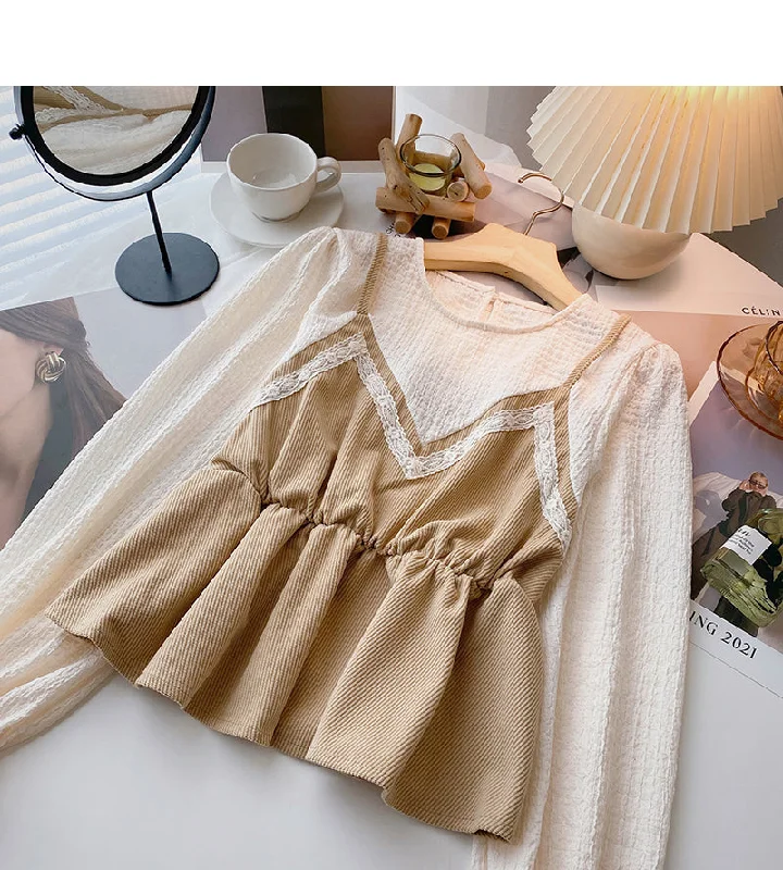 Vintage shirt with thin waist stitching fake two tops  6387 Satin Fabric Silk Fabric Chiffon Fabric