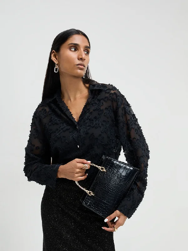 Wardrobe Black Floral Applique-Detailed Shirt with Camisole Welt Pockets Slit Pockets