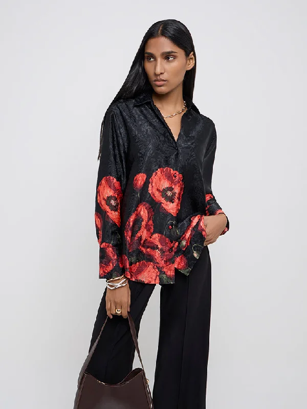 Wardrobe Black Floral Printed Shirt Terry Blend Velvet Blend Canvas Blend