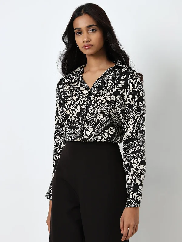 Wardrobe Black Leaf Printed Shirt Print Jacquard Patchwork