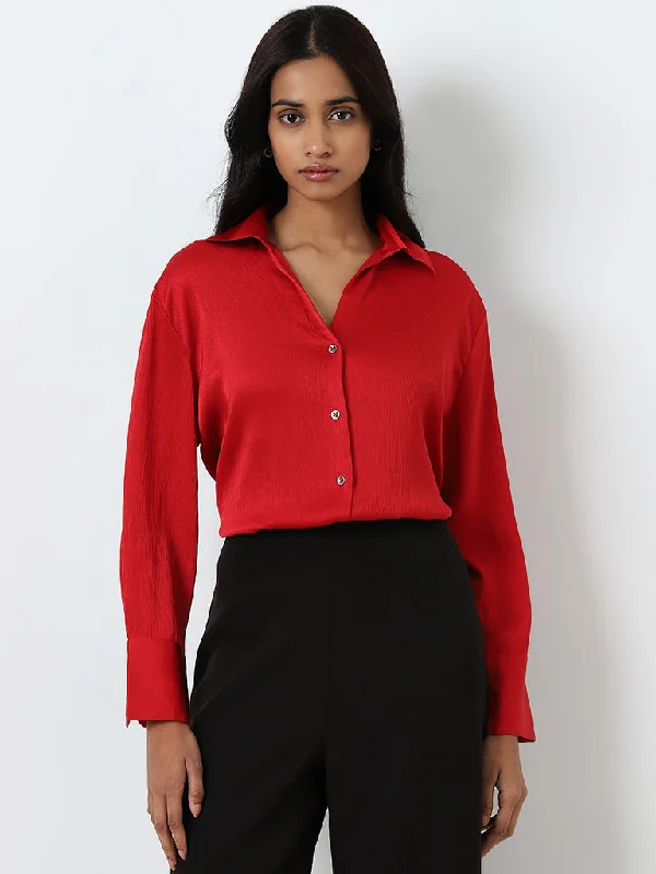 Wardrobe Red Textured Shirt Spandex Blend Rayon Blend Denim Blend