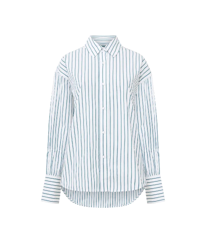 Rhodes Poplin Sleeve Detail Shirt - White Asymmetrical Pockets Print