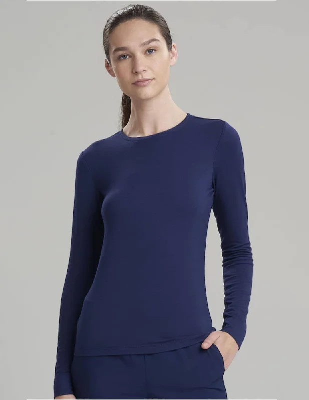 Womens Luxe Long Sleeve Underscrub Shirt - Navy Mesh Canvas Denim