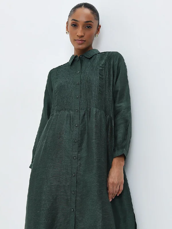 Zuba Olive Pintuck Detail A-Line Shirt Kurta Faux Fur Fabric Real Fur Fabric Shearling Fabric